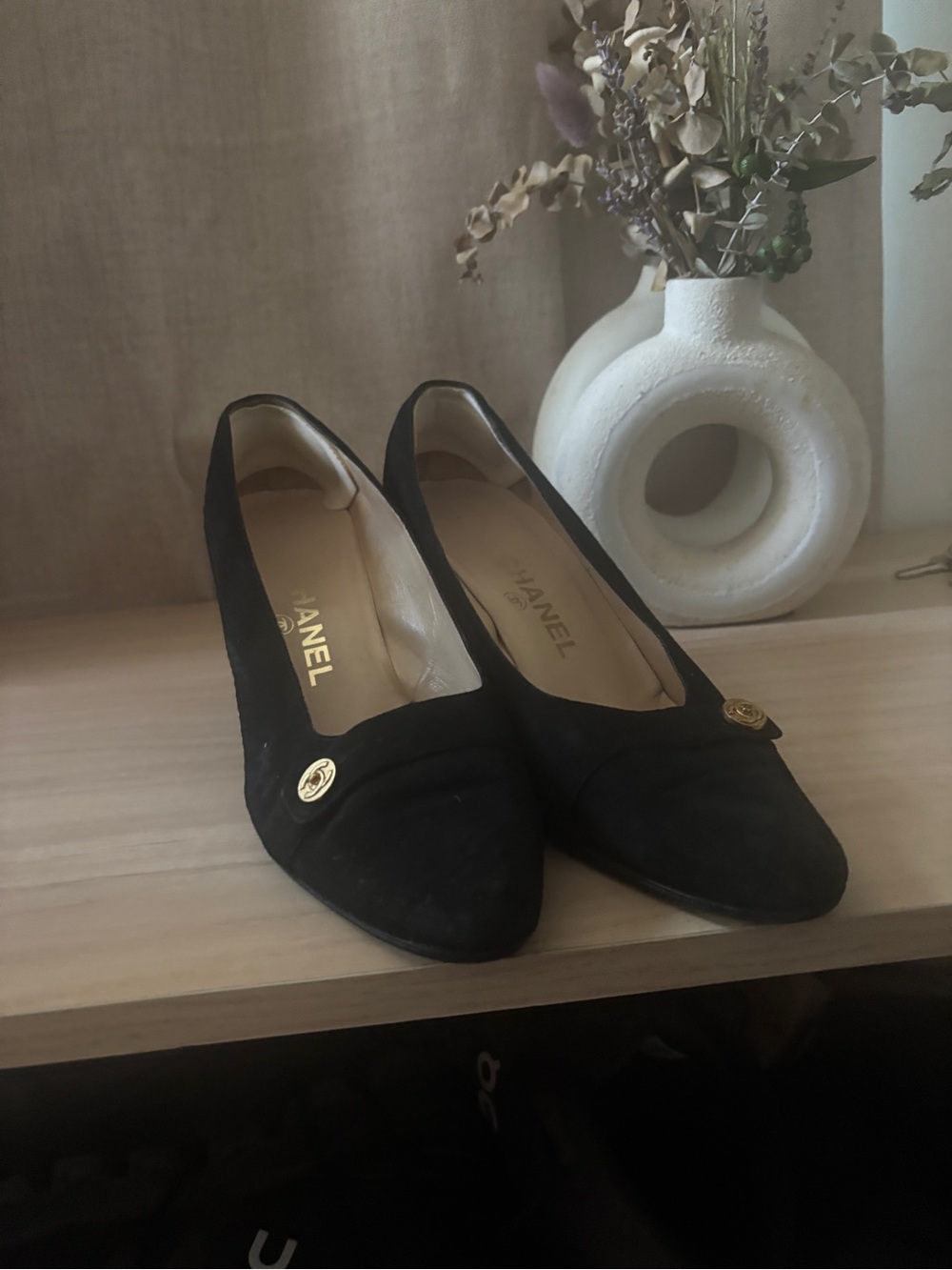 CHANEL Black Suede Pointed Toe Low Heel Loafers with Gold CC Medallions
